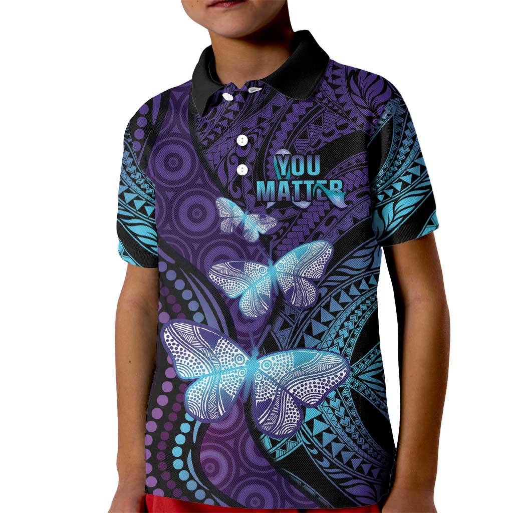 You Matter Suicide Prevention Awareness Kid Polo Shirt Butterfly Aboriginal Mix Polynesian Pattern