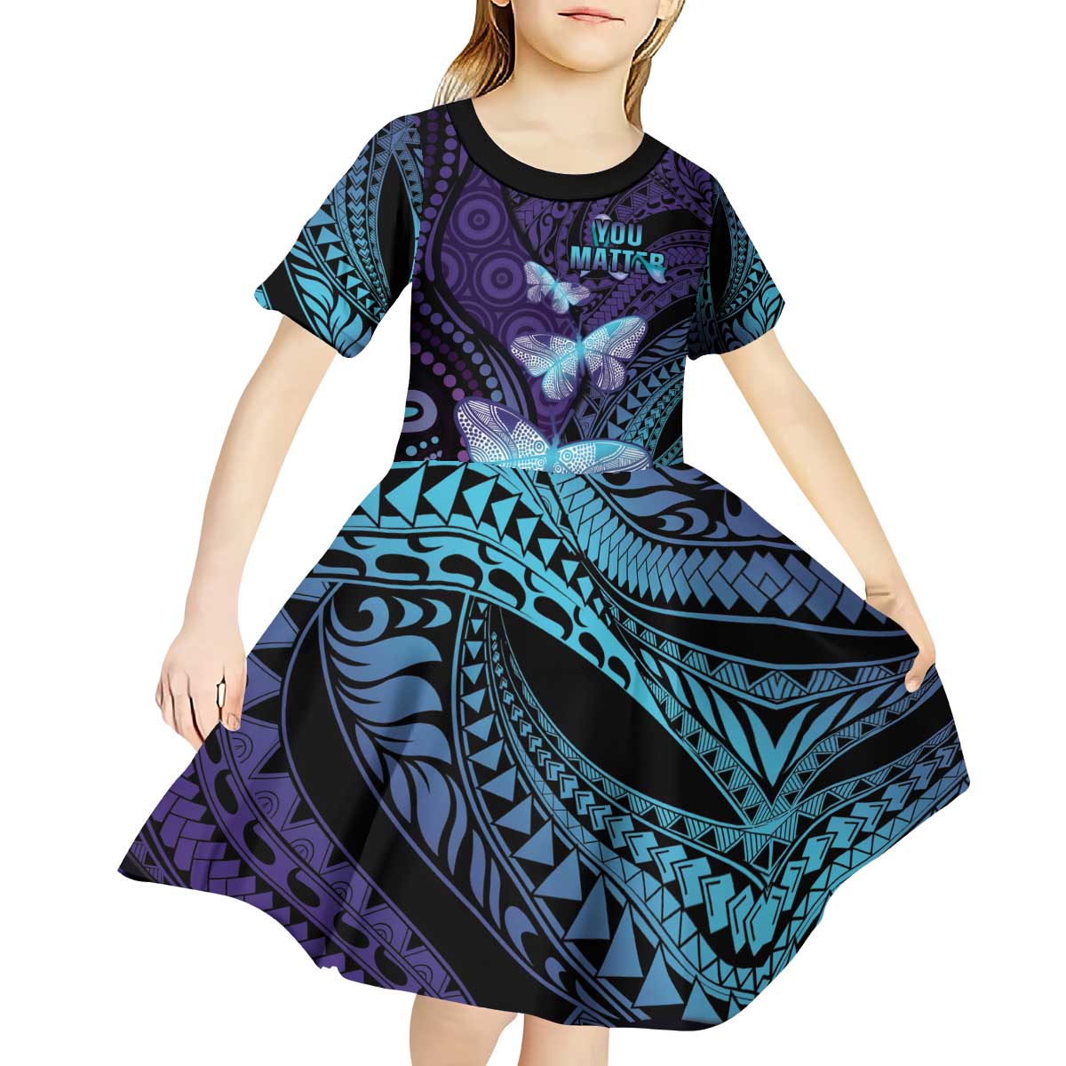 You Matter Suicide Prevention Awareness Kid Short Sleeve Dress Butterfly Aboriginal Mix Polynesian Pattern