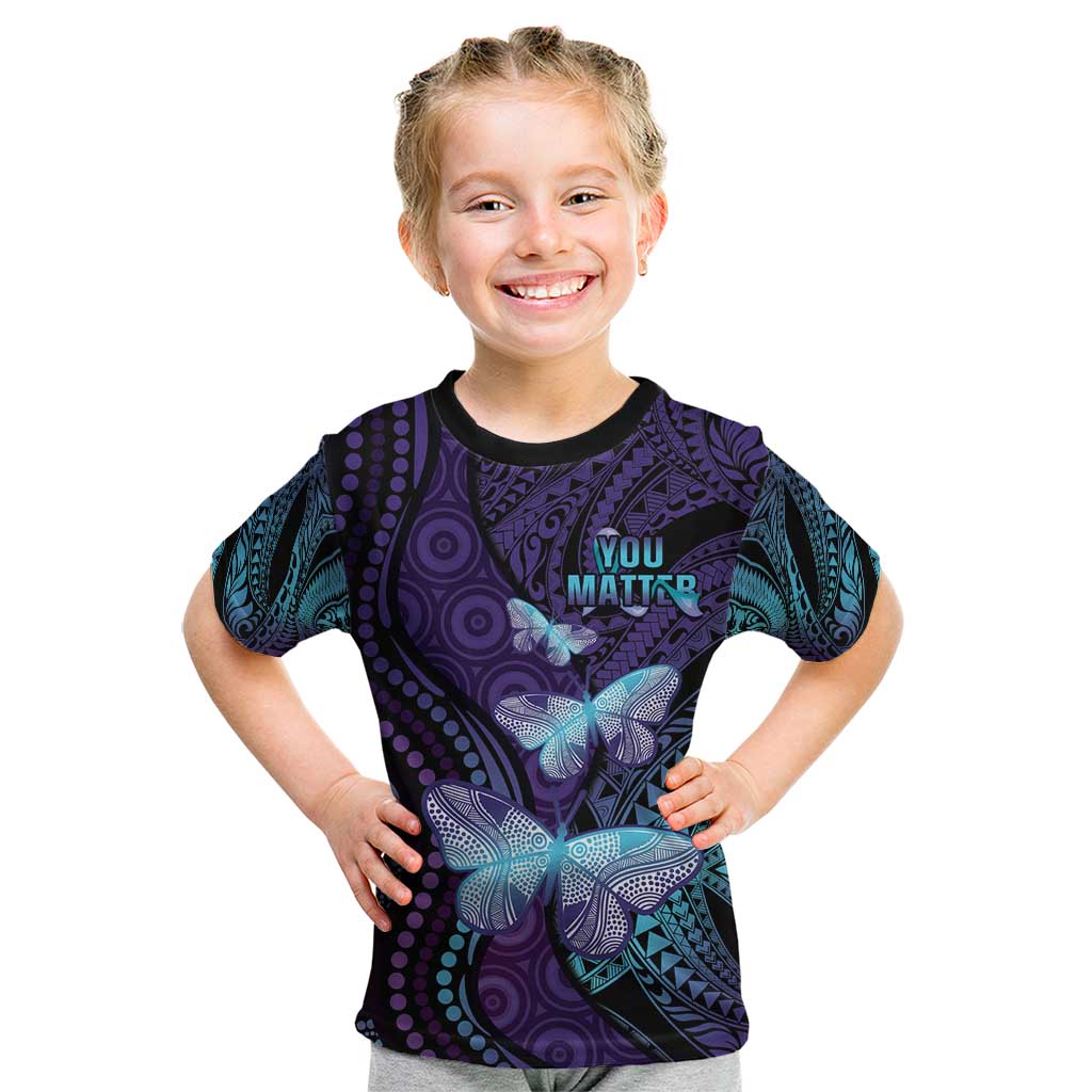 You Matter Suicide Prevention Awareness Kid T Shirt Butterfly Aboriginal Mix Polynesian Pattern