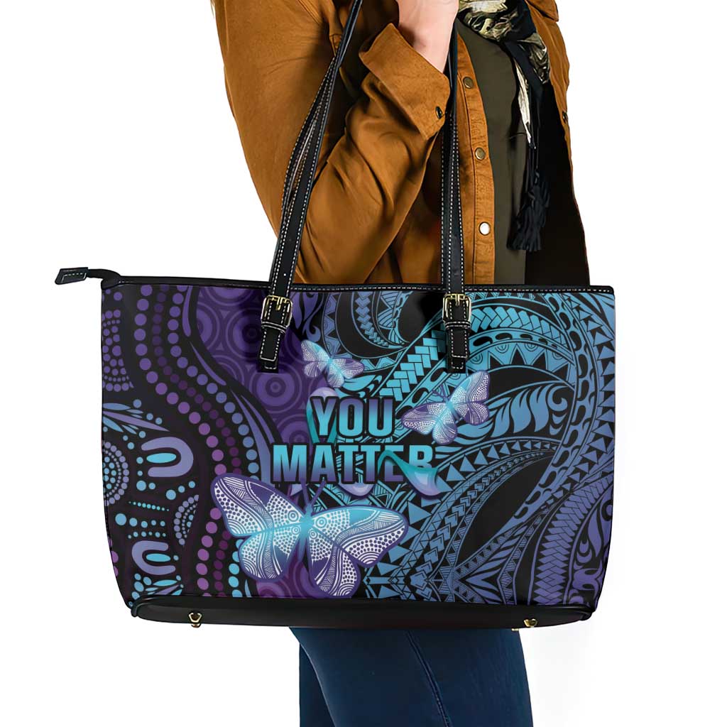 You Matter Suicide Prevention Awareness Leather Tote Bag Butterfly Aboriginal Mix Polynesian Pattern