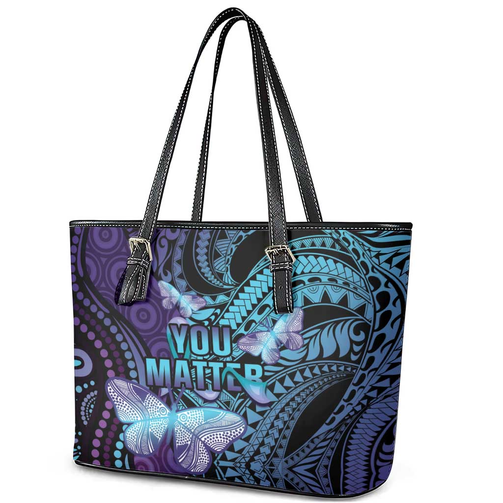 You Matter Suicide Prevention Awareness Leather Tote Bag Butterfly Aboriginal Mix Polynesian Pattern