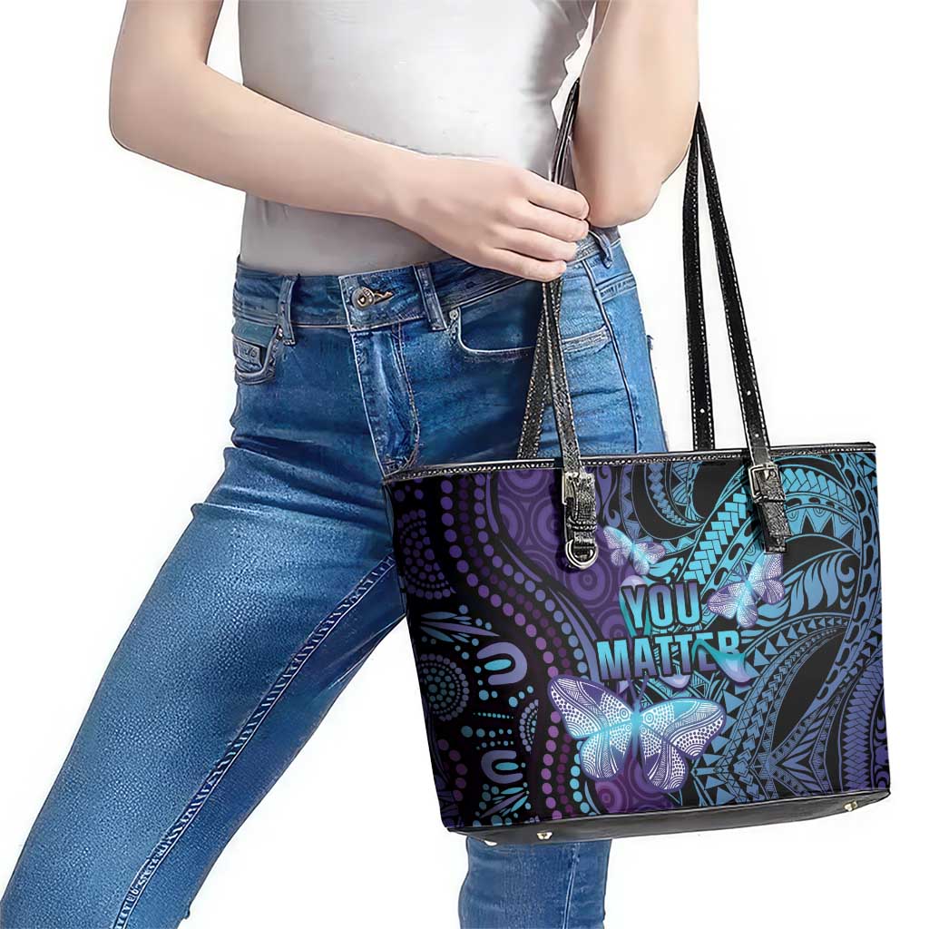 You Matter Suicide Prevention Awareness Leather Tote Bag Butterfly Aboriginal Mix Polynesian Pattern