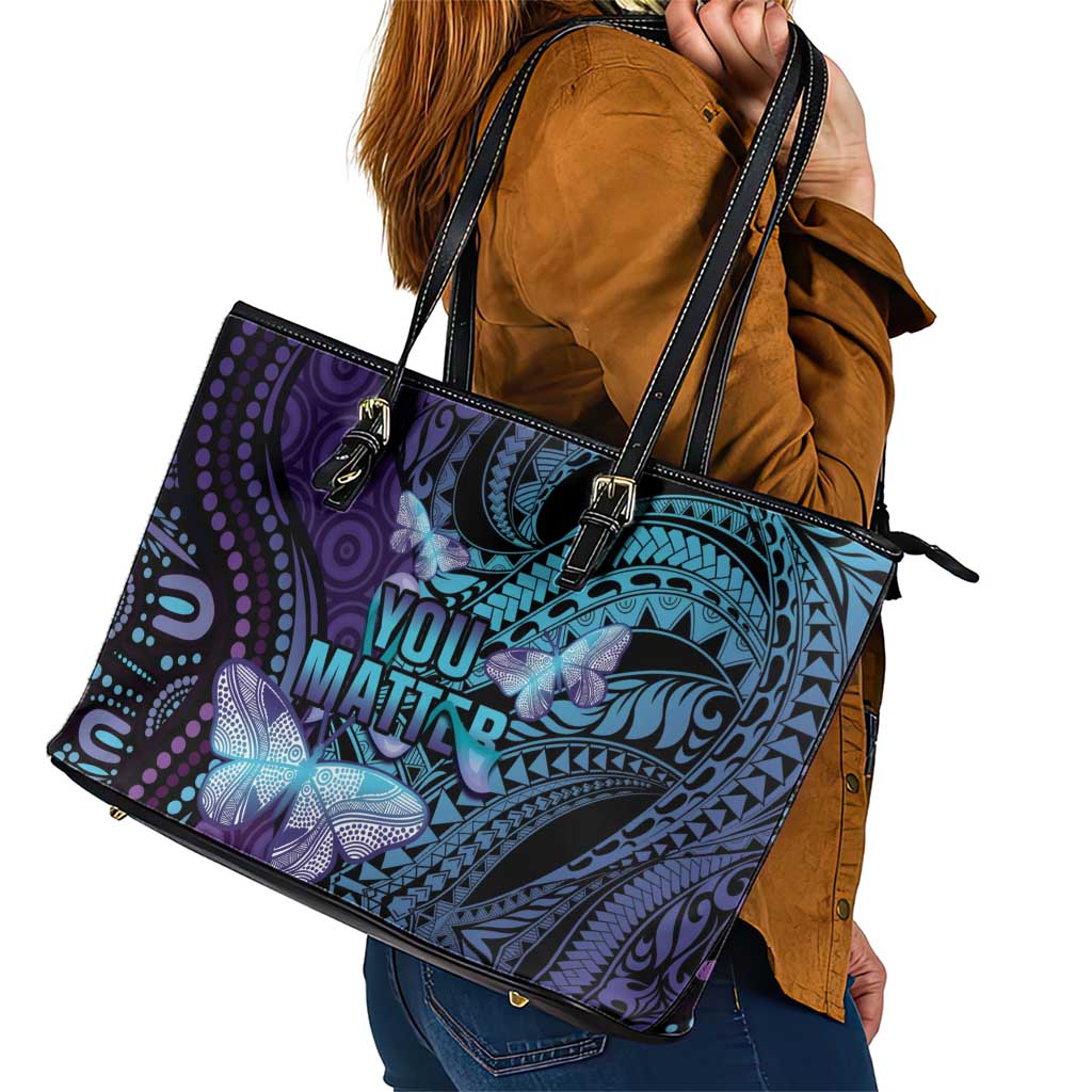 You Matter Suicide Prevention Awareness Leather Tote Bag Butterfly Aboriginal Mix Polynesian Pattern