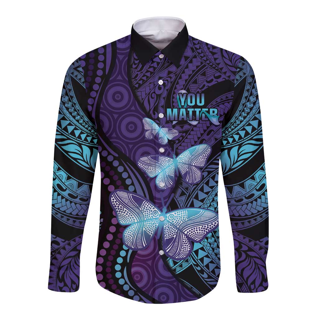 You Matter Suicide Prevention Awareness Long Sleeve Button Shirt Butterfly Aboriginal Mix Polynesian Pattern