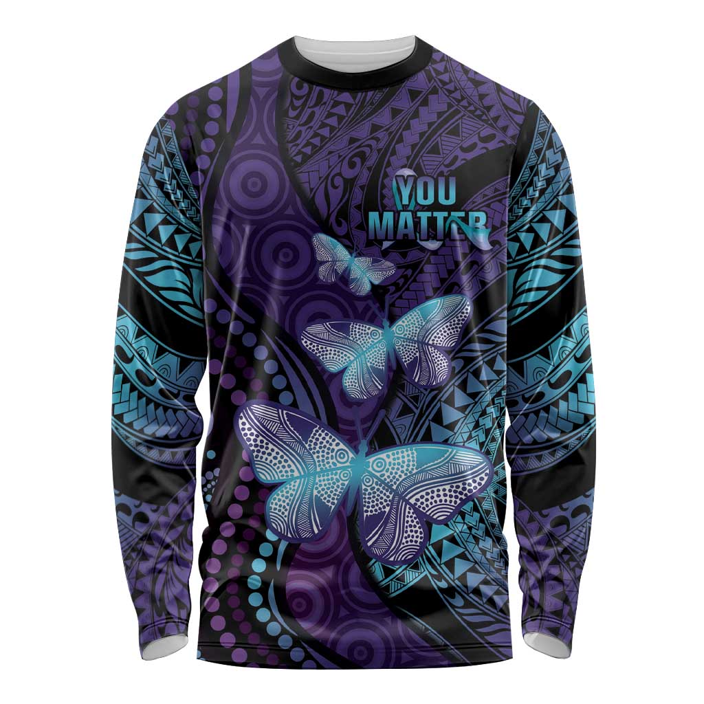 You Matter Suicide Prevention Awareness Long Sleeve Shirt Butterfly Aboriginal Mix Polynesian Pattern