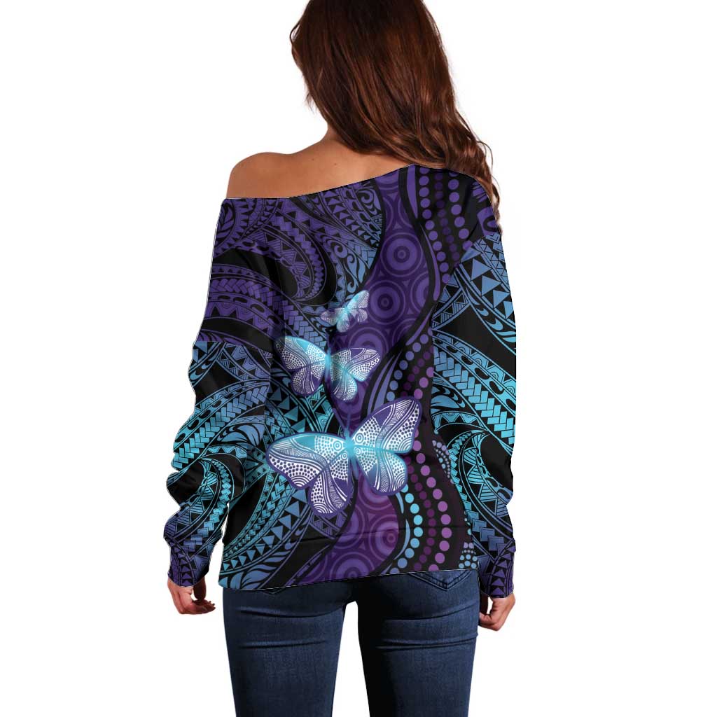 You Matter Suicide Prevention Awareness Off Shoulder Sweater Butterfly Aboriginal Mix Polynesian Pattern