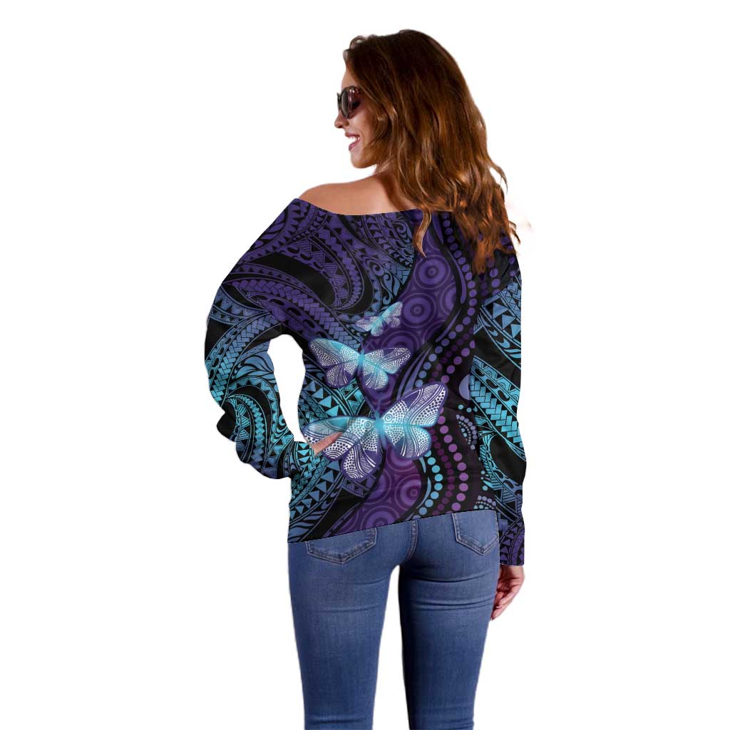 You Matter Suicide Prevention Awareness Off Shoulder Sweater Butterfly Aboriginal Mix Polynesian Pattern