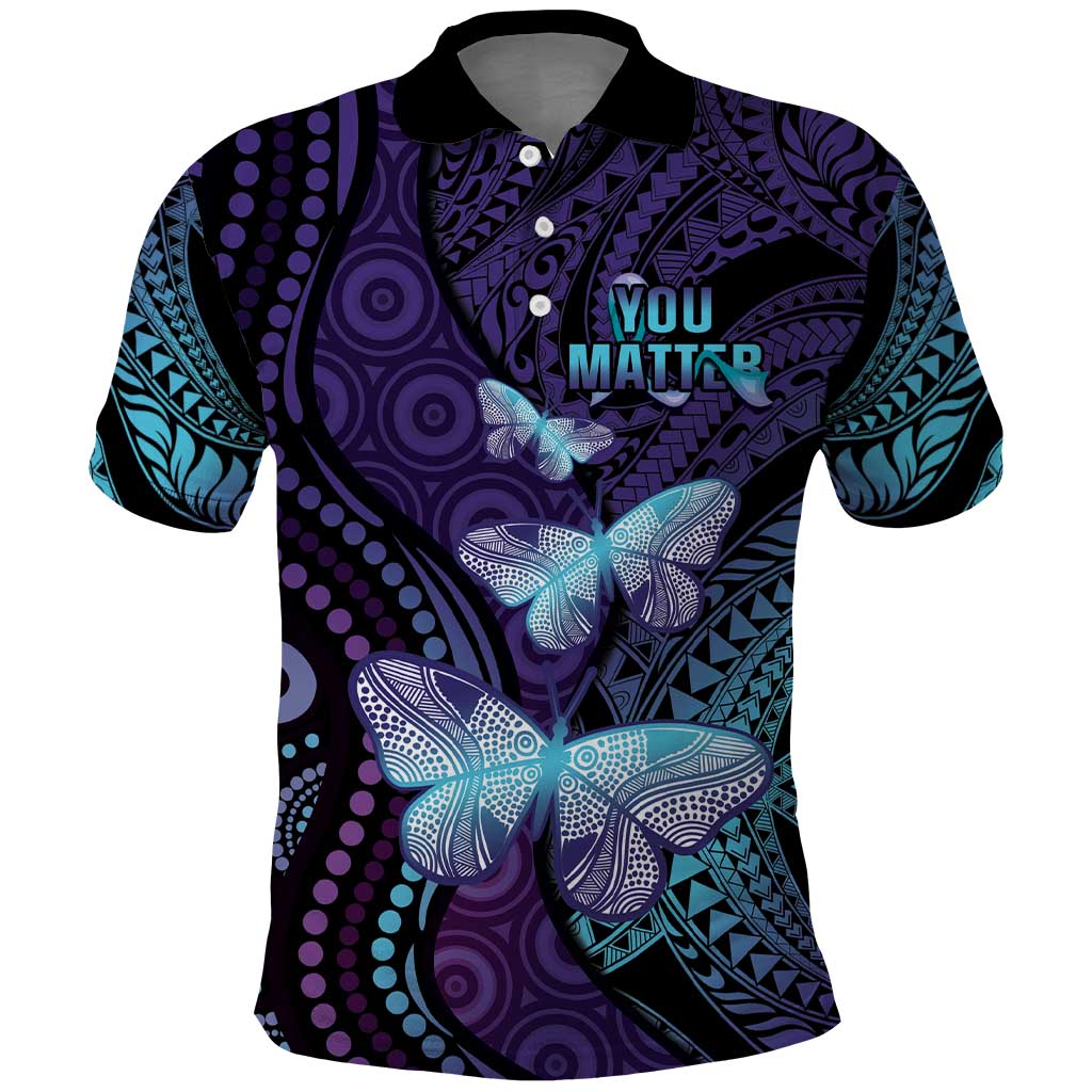 You Matter Suicide Prevention Awareness Polo Shirt Butterfly Aboriginal Mix Polynesian Pattern