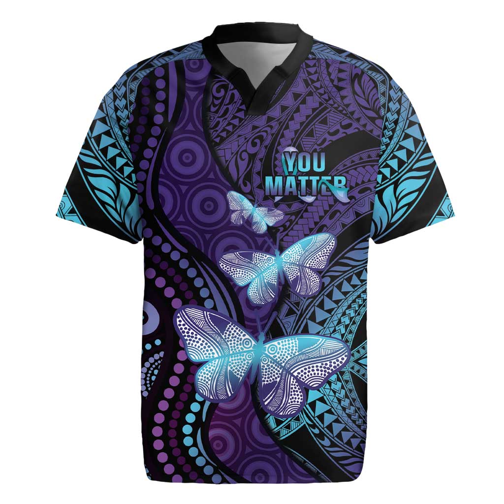 You Matter Suicide Prevention Awareness Rugby Jersey Butterfly Aboriginal Mix Polynesian Pattern