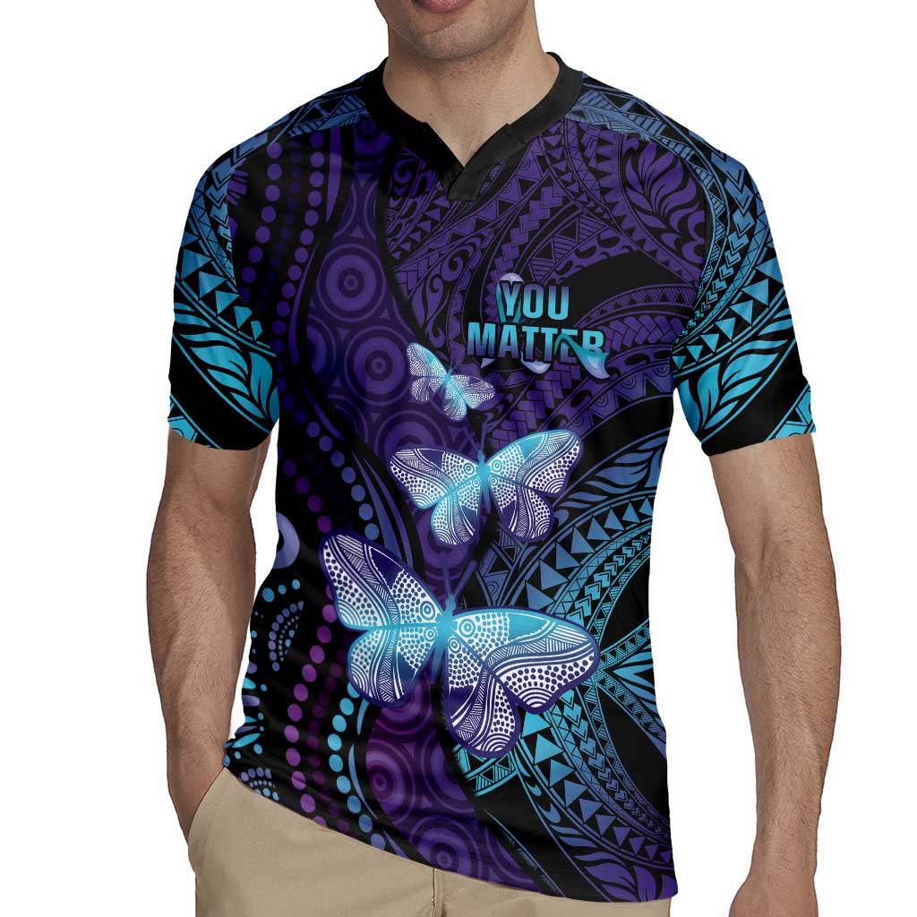 You Matter Suicide Prevention Awareness Rugby Jersey Butterfly Aboriginal Mix Polynesian Pattern