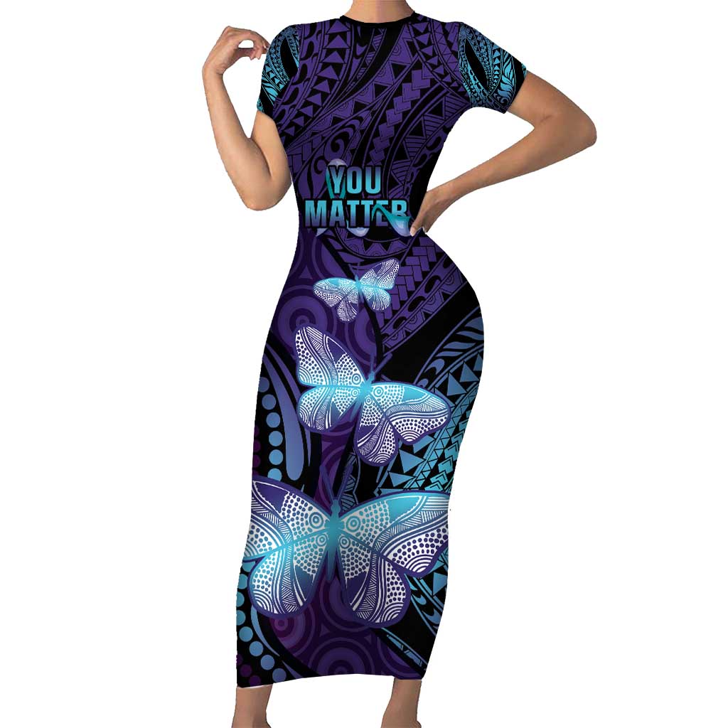 You Matter Suicide Prevention Awareness Short Sleeve Bodycon Dress Butterfly Aboriginal Mix Polynesian Pattern