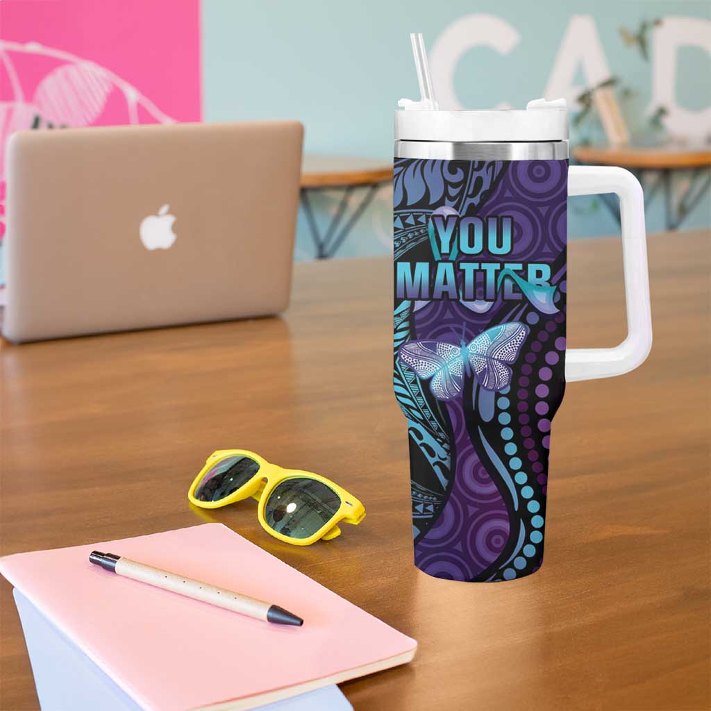 You Matter Suicide Prevention Awareness Tumbler With Handle Butterfly Aboriginal Mix Polynesian Pattern