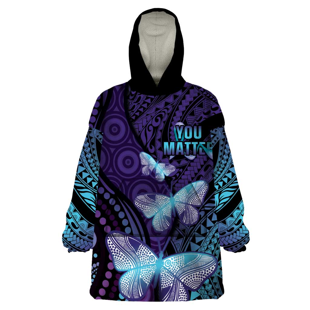 You Matter Suicide Prevention Awareness Wearable Blanket Hoodie Butterfly Aboriginal Mix Polynesian Pattern