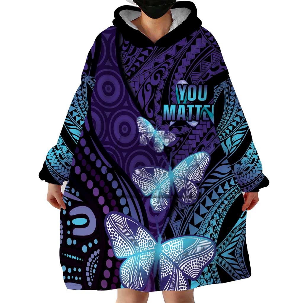 You Matter Suicide Prevention Awareness Wearable Blanket Hoodie Butterfly Aboriginal Mix Polynesian Pattern