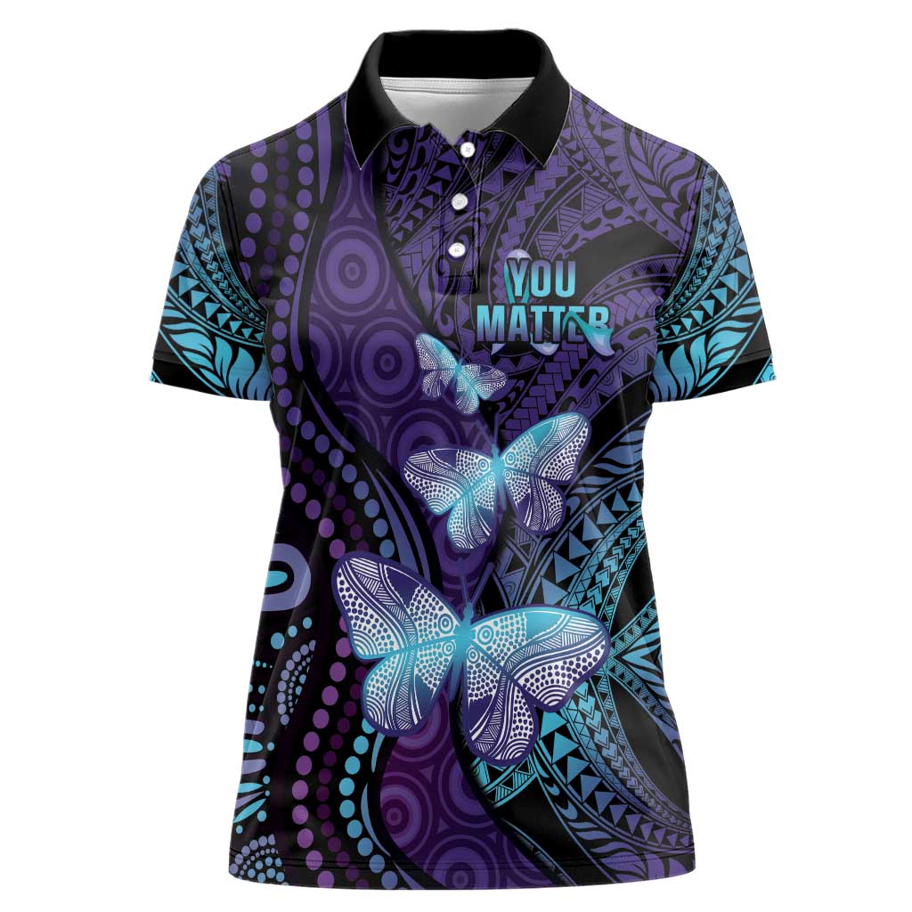 You Matter Suicide Prevention Awareness Women Polo Shirt Butterfly Aboriginal Mix Polynesian Pattern