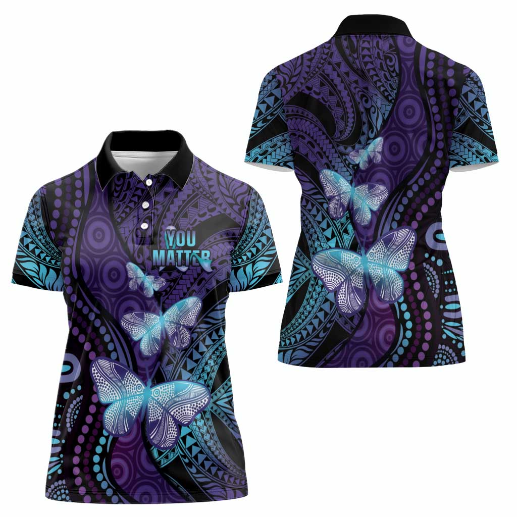 You Matter Suicide Prevention Awareness Women Polo Shirt Butterfly Aboriginal Mix Polynesian Pattern