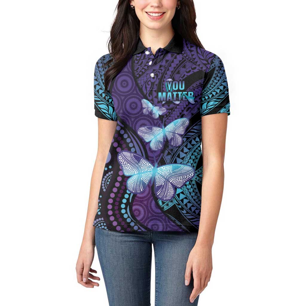 You Matter Suicide Prevention Awareness Women Polo Shirt Butterfly Aboriginal Mix Polynesian Pattern