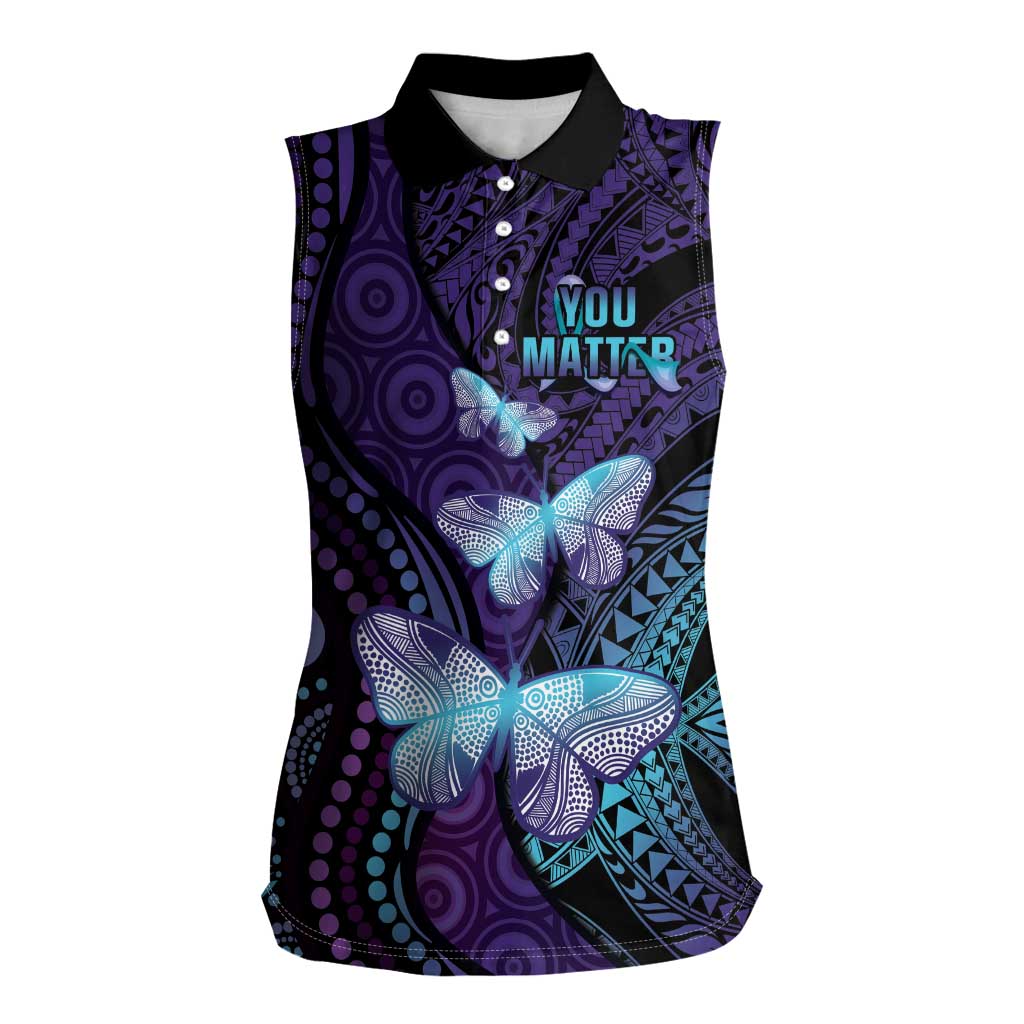 You Matter Suicide Prevention Awareness Women Sleeveless Polo Shirt Butterfly Aboriginal Mix Polynesian Pattern