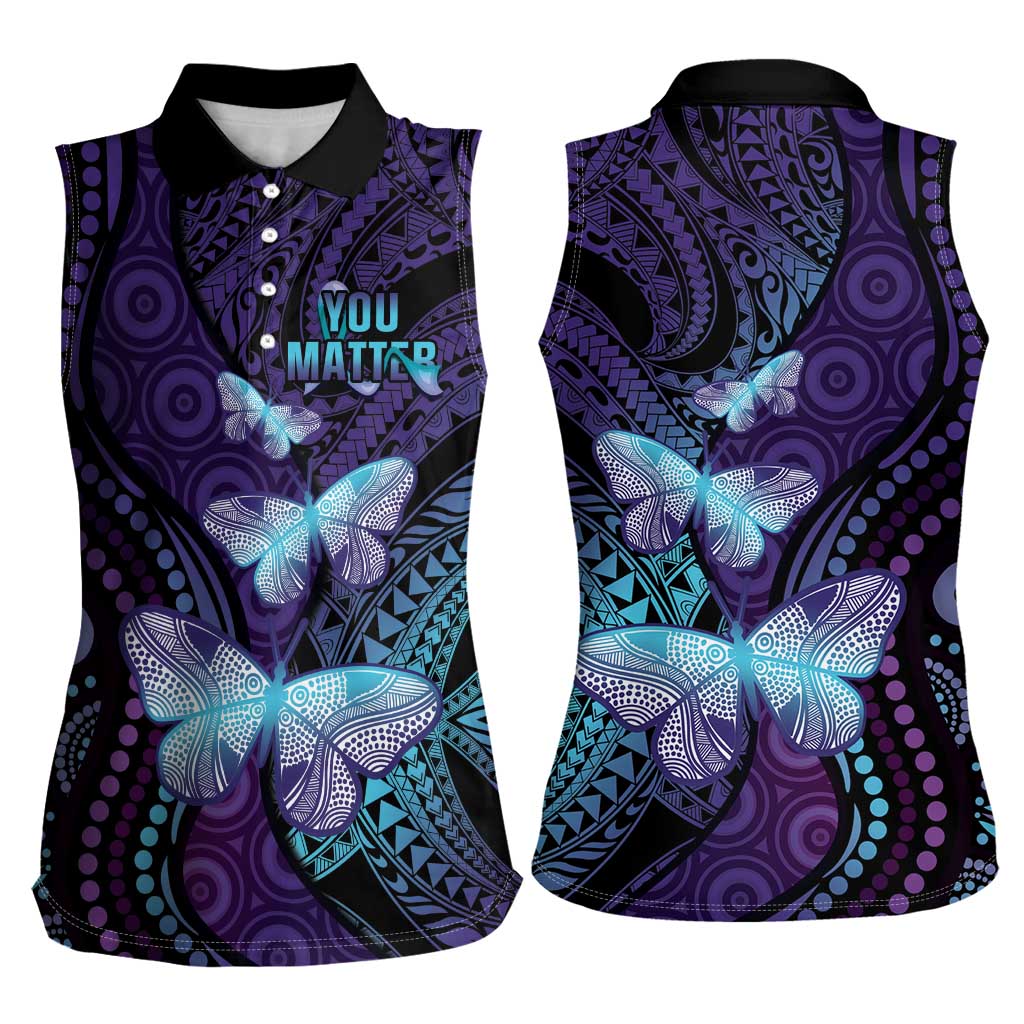 You Matter Suicide Prevention Awareness Women Sleeveless Polo Shirt Butterfly Aboriginal Mix Polynesian Pattern