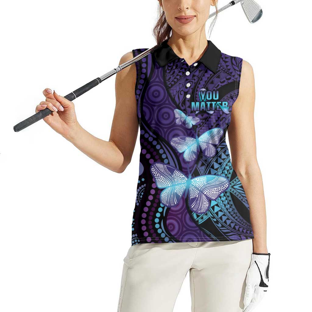 You Matter Suicide Prevention Awareness Women Sleeveless Polo Shirt Butterfly Aboriginal Mix Polynesian Pattern