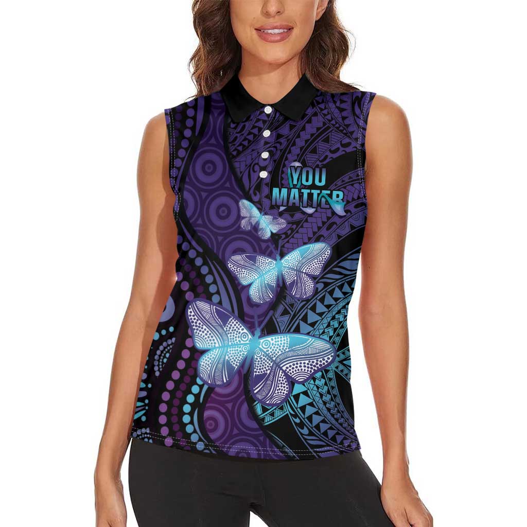 You Matter Suicide Prevention Awareness Women Sleeveless Polo Shirt Butterfly Aboriginal Mix Polynesian Pattern