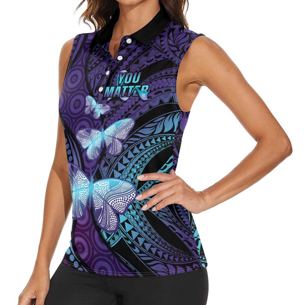 You Matter Suicide Prevention Awareness Women Sleeveless Polo Shirt Butterfly Aboriginal Mix Polynesian Pattern