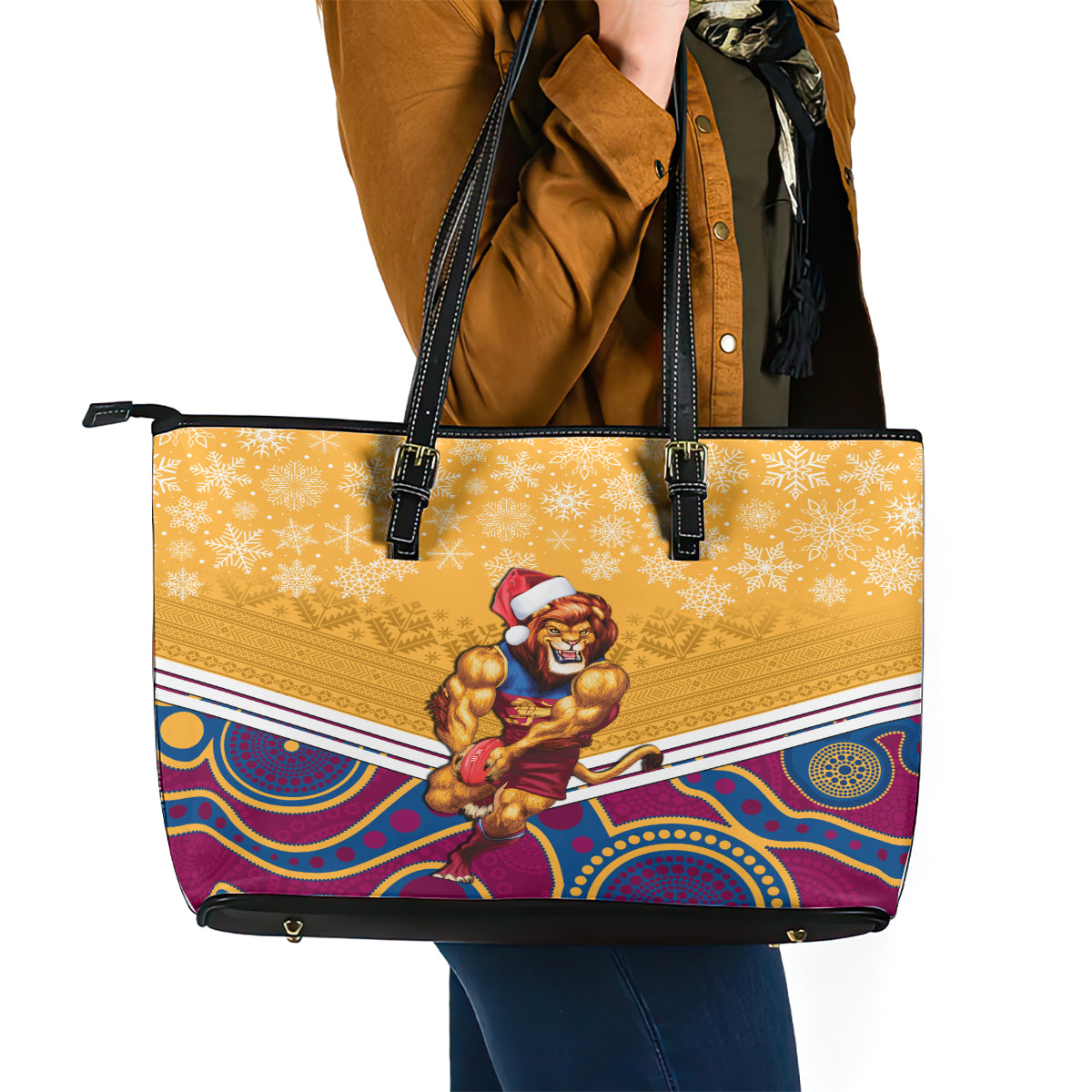 custom-brisbane-lions-football-christmas-leather-tote-bag-merry-xmas-2023-mix-aboriginal-art