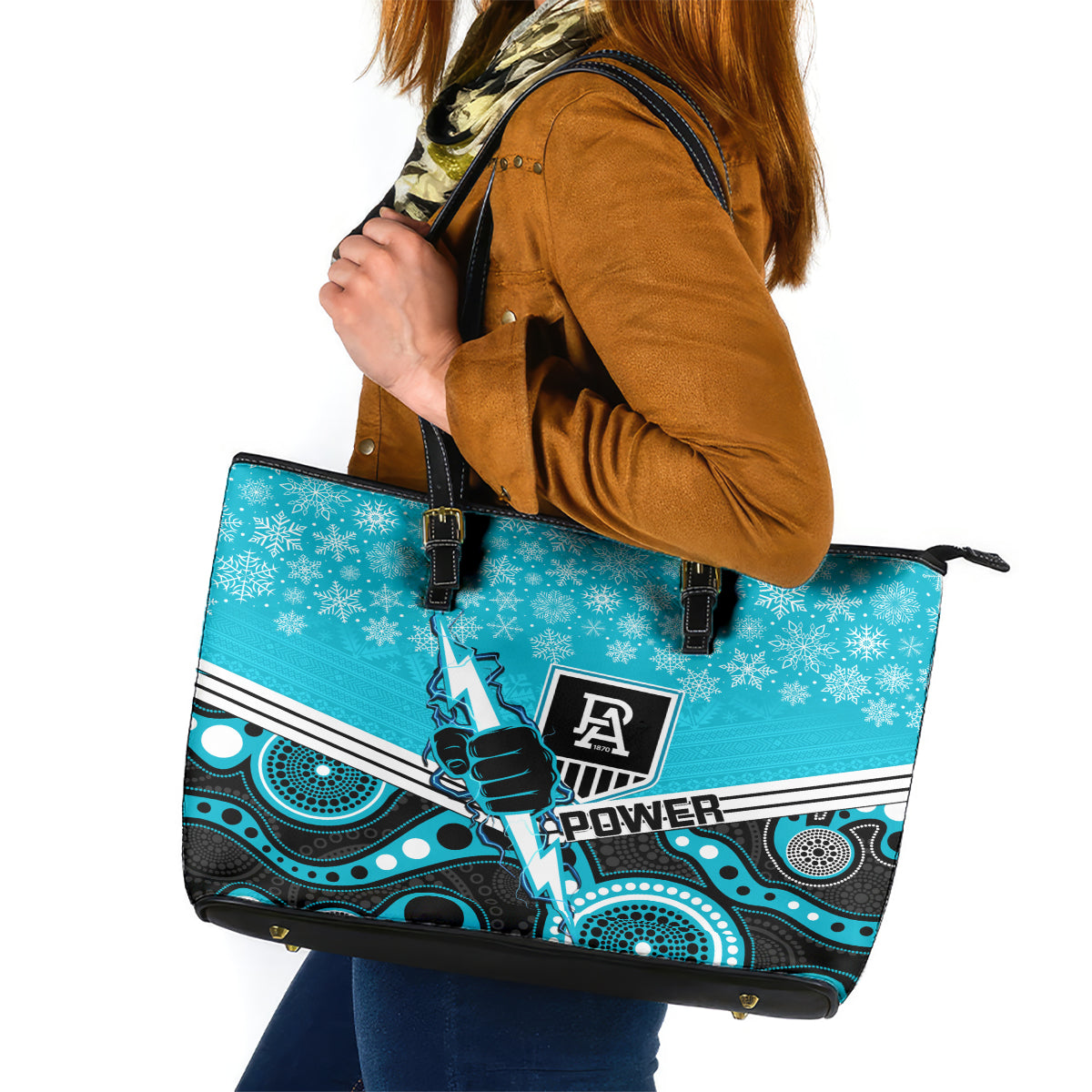 custom-port-adelaide-football-christmas-leather-tote-bag-merry-xmas-2023-mix-aboriginal-art