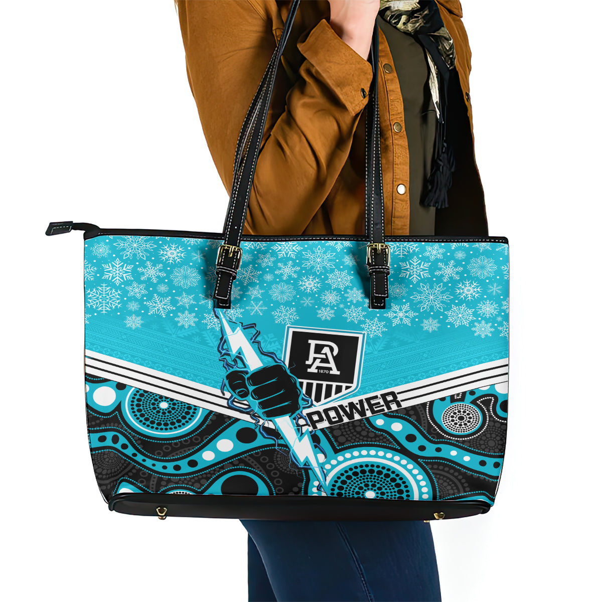 custom-port-adelaide-football-christmas-leather-tote-bag-merry-xmas-2023-mix-aboriginal-art