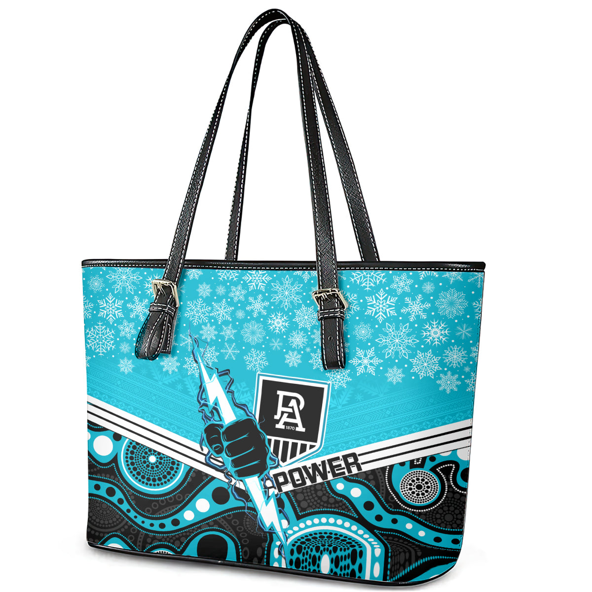 custom-port-adelaide-football-christmas-leather-tote-bag-merry-xmas-2023-mix-aboriginal-art