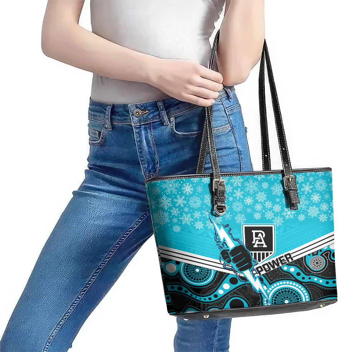 custom-port-adelaide-football-christmas-leather-tote-bag-merry-xmas-2023-mix-aboriginal-art