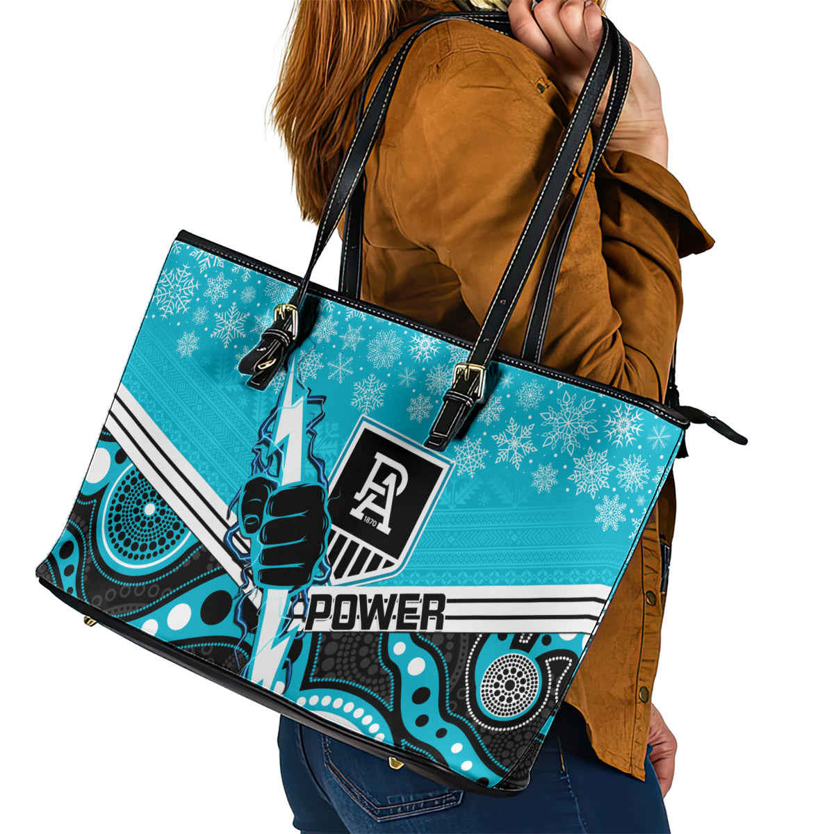 custom-port-adelaide-football-christmas-leather-tote-bag-merry-xmas-2023-mix-aboriginal-art