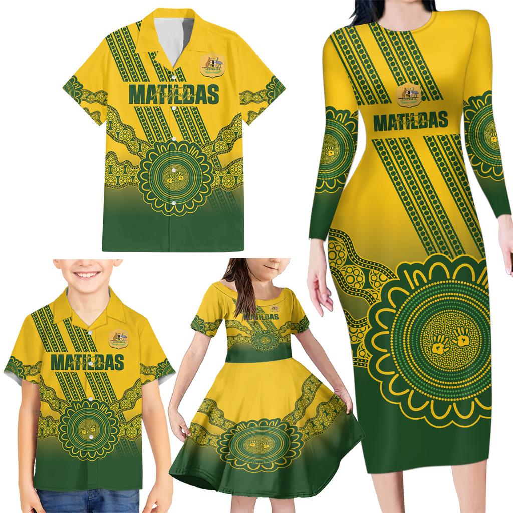 Custom Australia Matildas Family Matching Long Sleeve Bodycon Dress and Hawaiian Shirt Aussie Aboriginal Gold Version