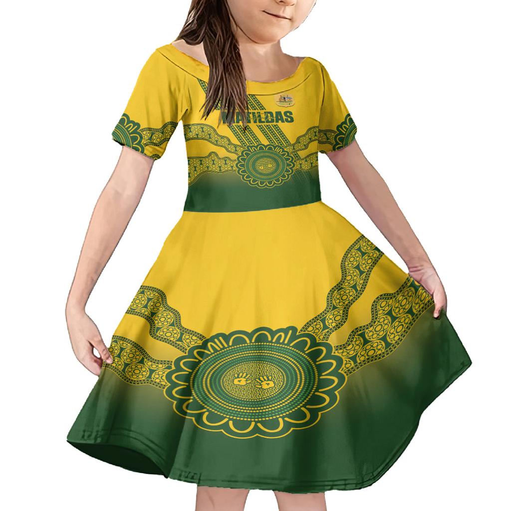 Custom Australia Matildas Family Matching Long Sleeve Bodycon Dress and Hawaiian Shirt Aussie Aboriginal Gold Version