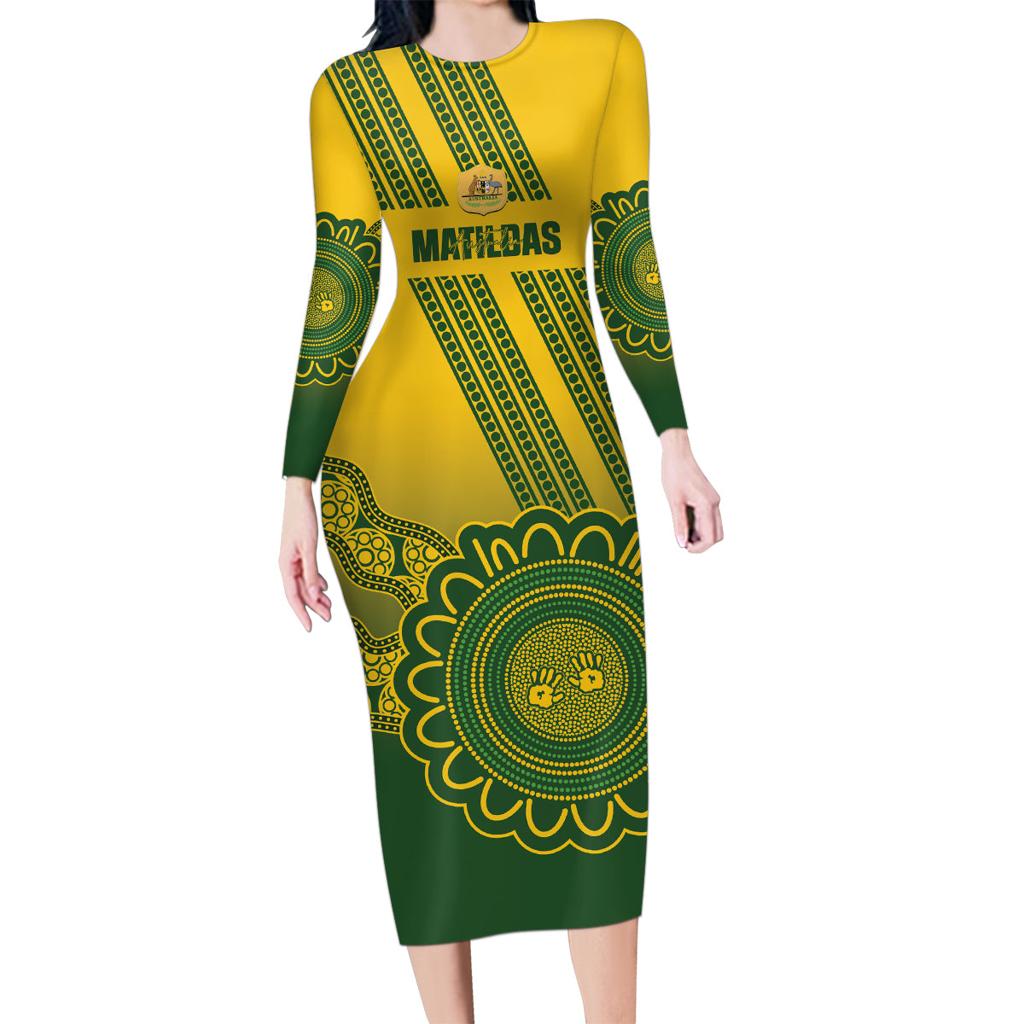 Custom Australia Matildas Family Matching Long Sleeve Bodycon Dress and Hawaiian Shirt Aussie Aboriginal Gold Version