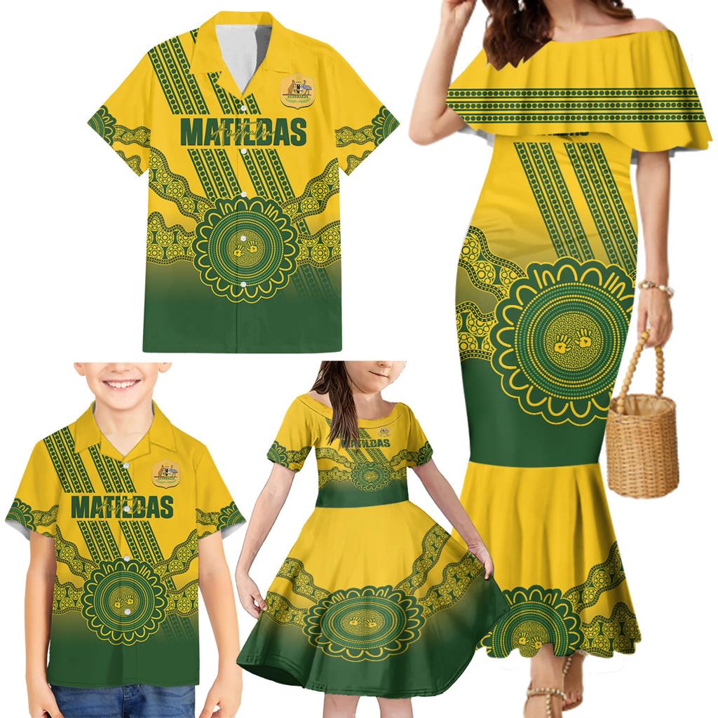 Custom Australia Matildas Family Matching Mermaid Dress and Hawaiian Shirt Aussie Aboriginal Gold Version