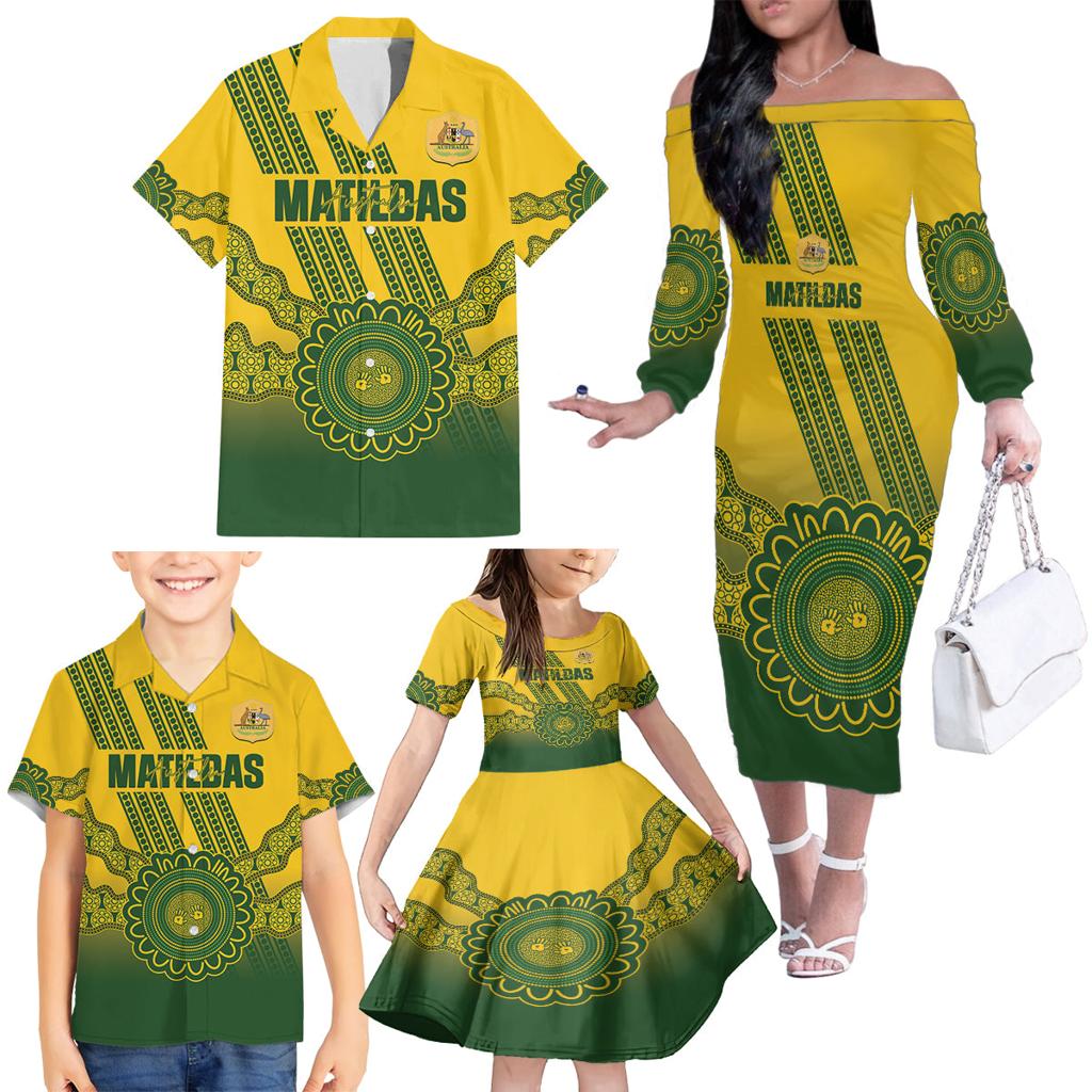 Custom Australia Matildas Family Matching Off The Shoulder Long Sleeve Dress and Hawaiian Shirt Aussie Aboriginal Gold Version