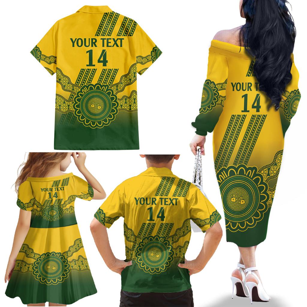 Custom Australia Matildas Family Matching Off The Shoulder Long Sleeve Dress and Hawaiian Shirt Aussie Aboriginal Gold Version