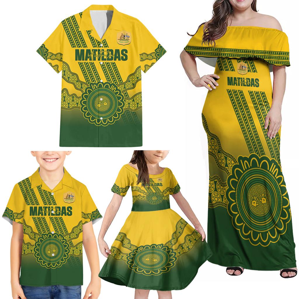 Custom Australia Matildas Family Matching Off Shoulder Maxi Dress and Hawaiian Shirt Aussie Aboriginal Gold Version