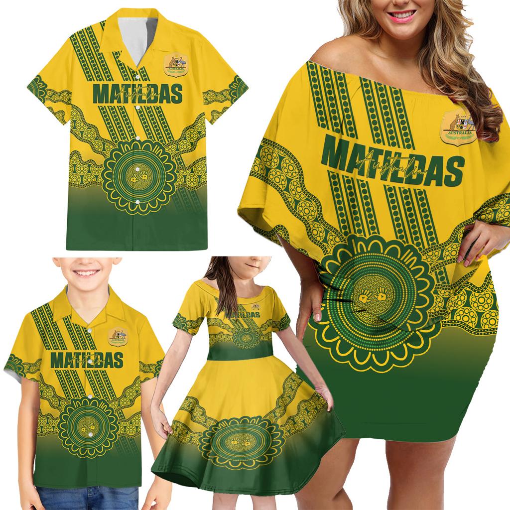 Custom Australia Matildas Family Matching Off Shoulder Short Dress and Hawaiian Shirt Aussie Aboriginal Gold Version