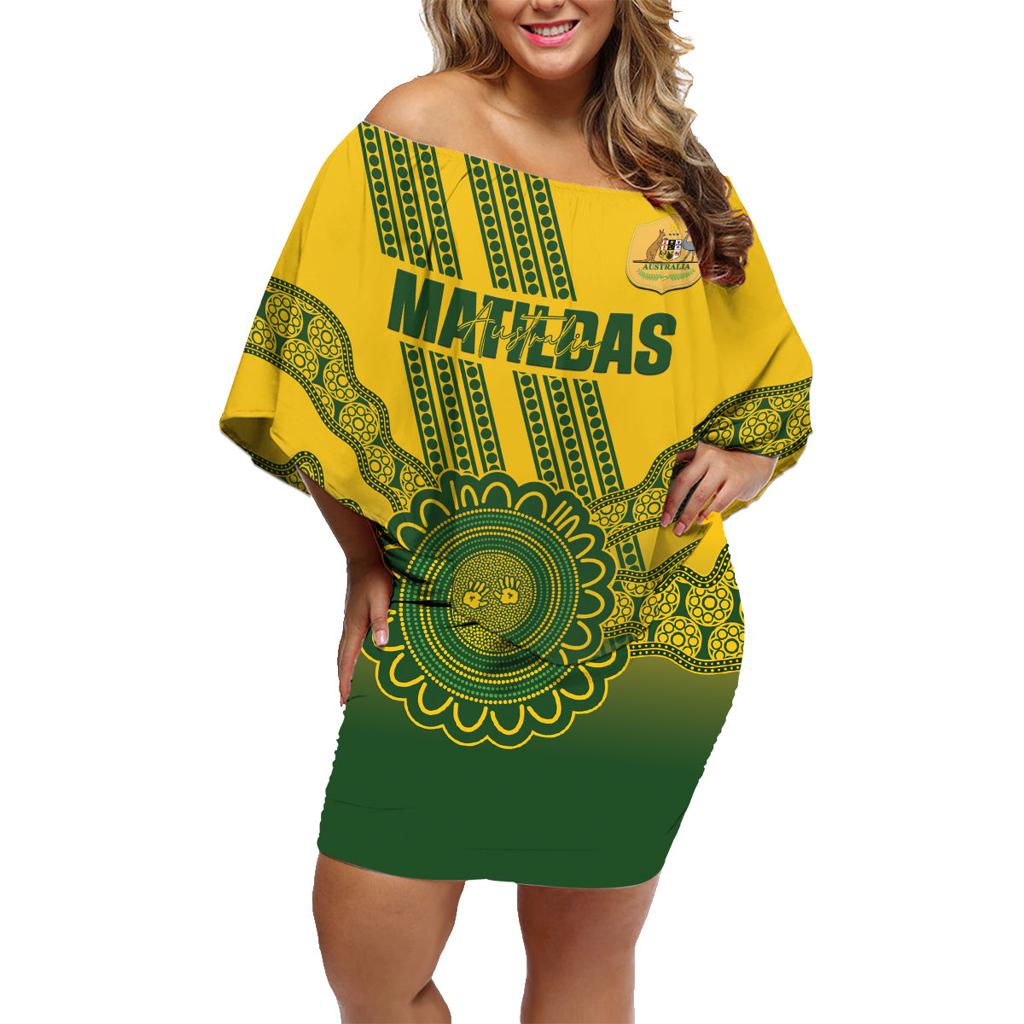 Custom Australia Matildas Family Matching Off Shoulder Short Dress and Hawaiian Shirt Aussie Aboriginal Gold Version