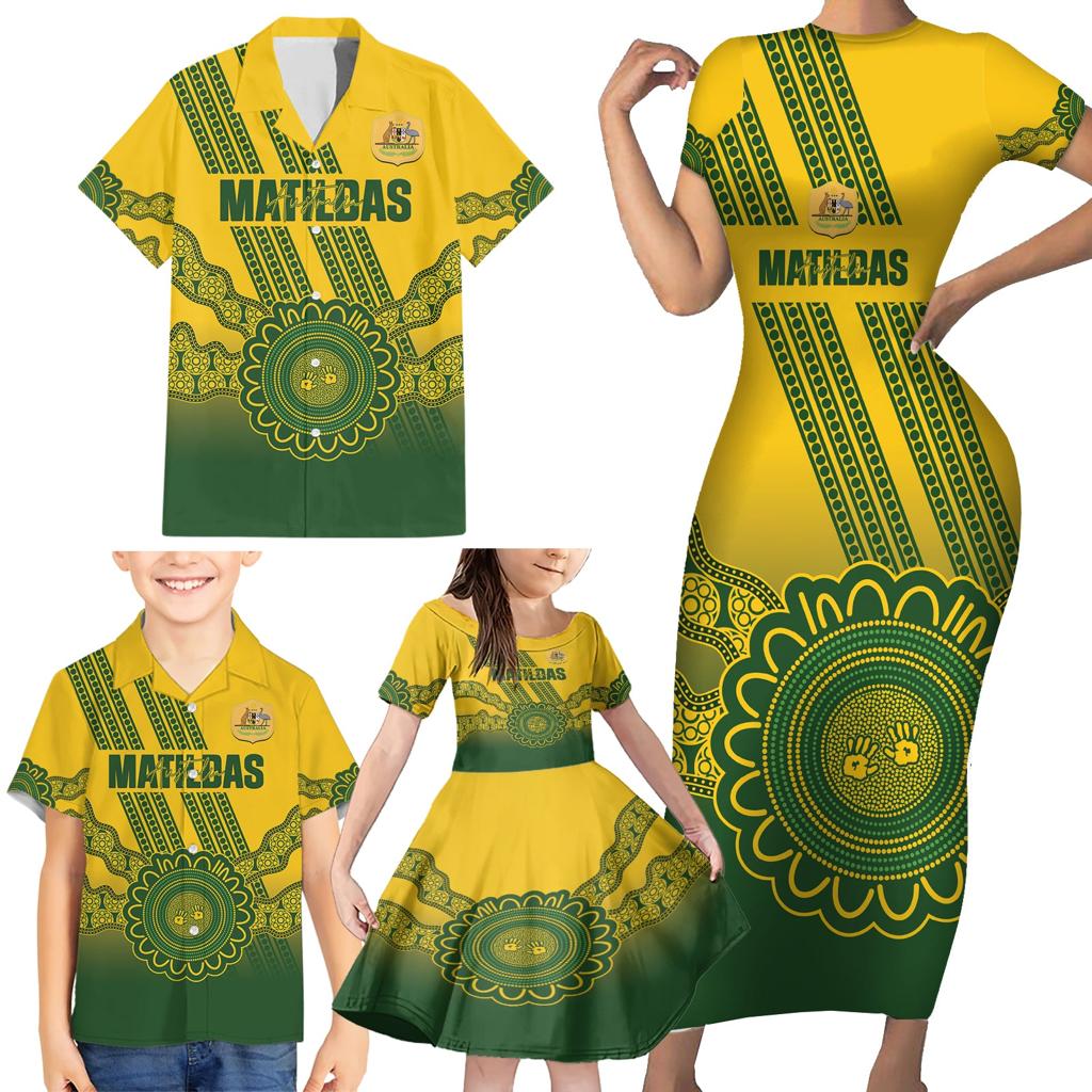 Custom Australia Matildas Family Matching Short Sleeve Bodycon Dress and Hawaiian Shirt Aussie Aboriginal Gold Version