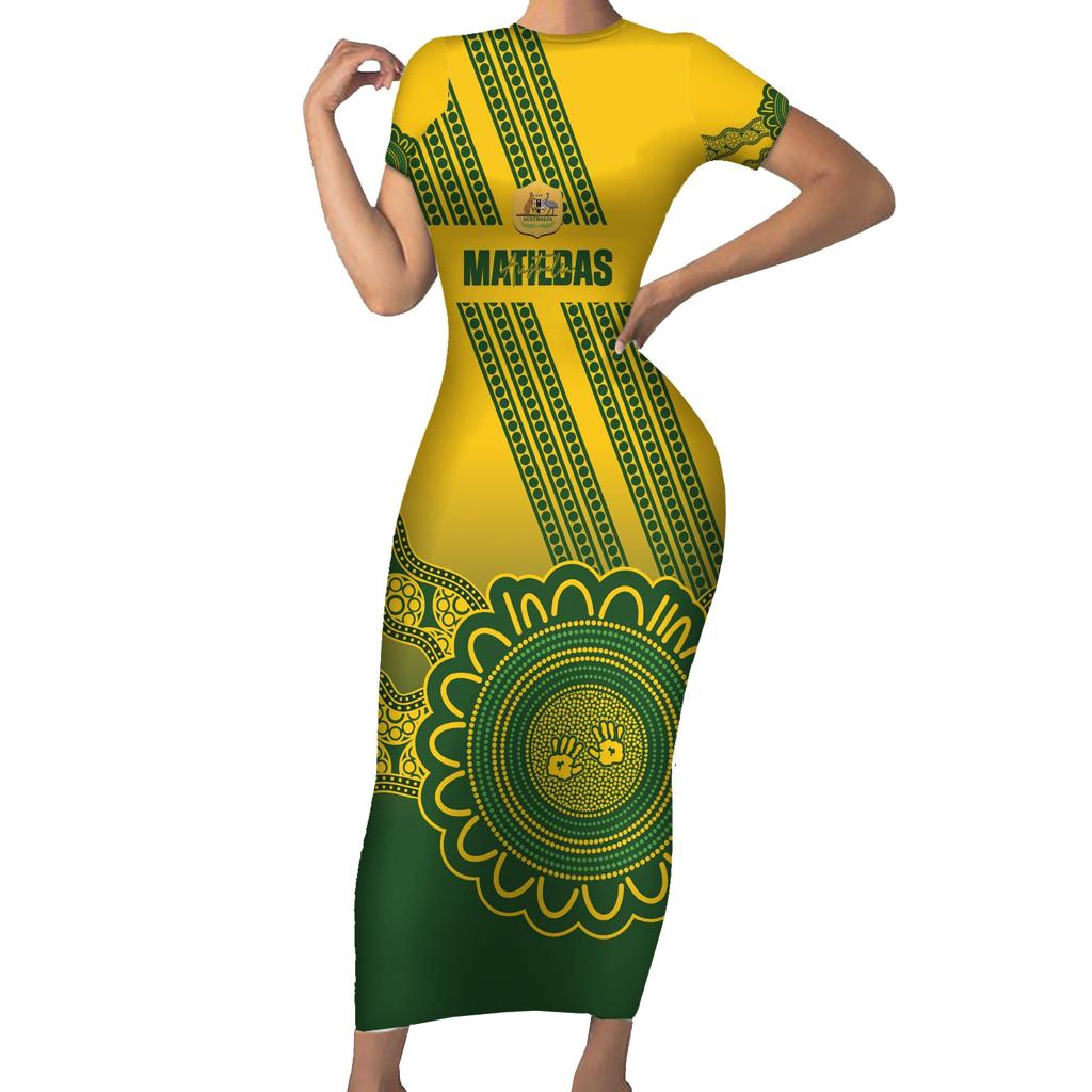 Custom Australia Matildas Family Matching Short Sleeve Bodycon Dress and Hawaiian Shirt Aussie Aboriginal Gold Version