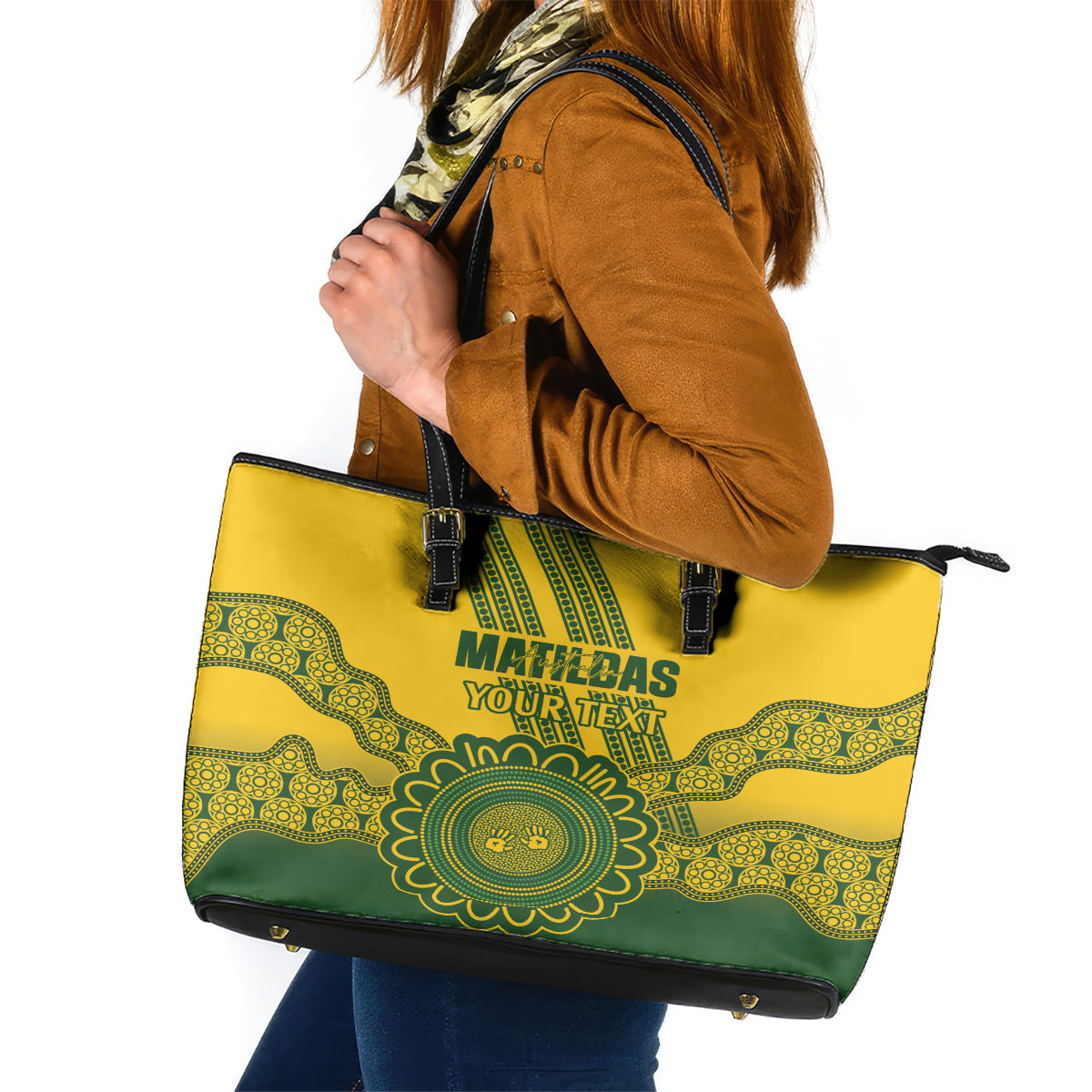 Custom Australia Matildas Leather Tote Bag Aussie Aboriginal Gold Version