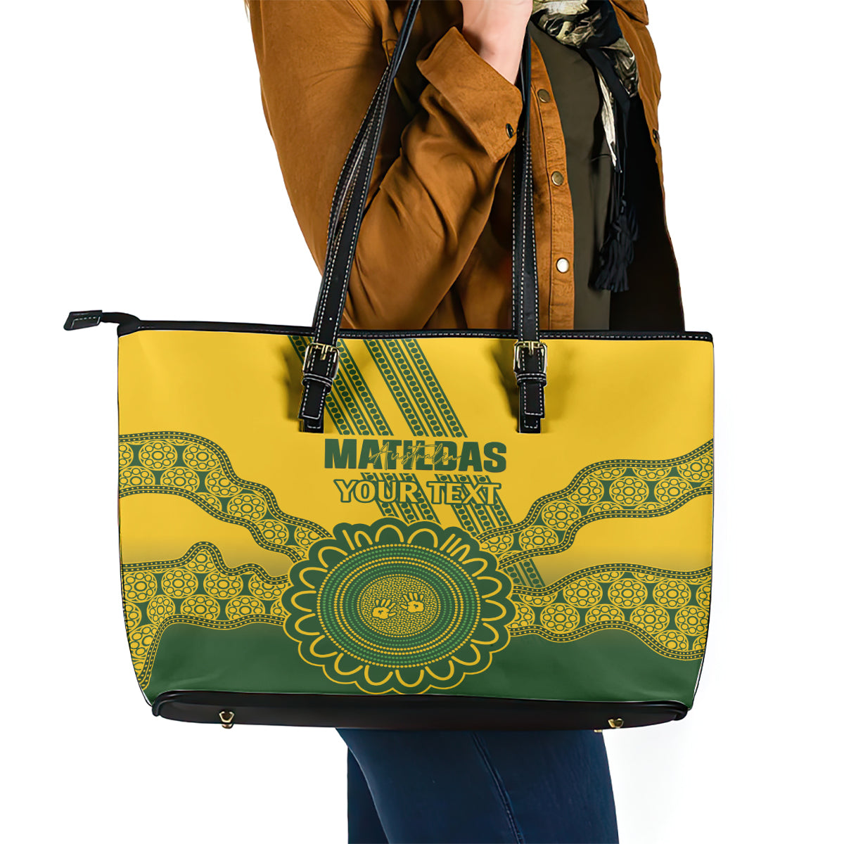 Custom Australia Matildas Leather Tote Bag Aussie Aboriginal Gold Version