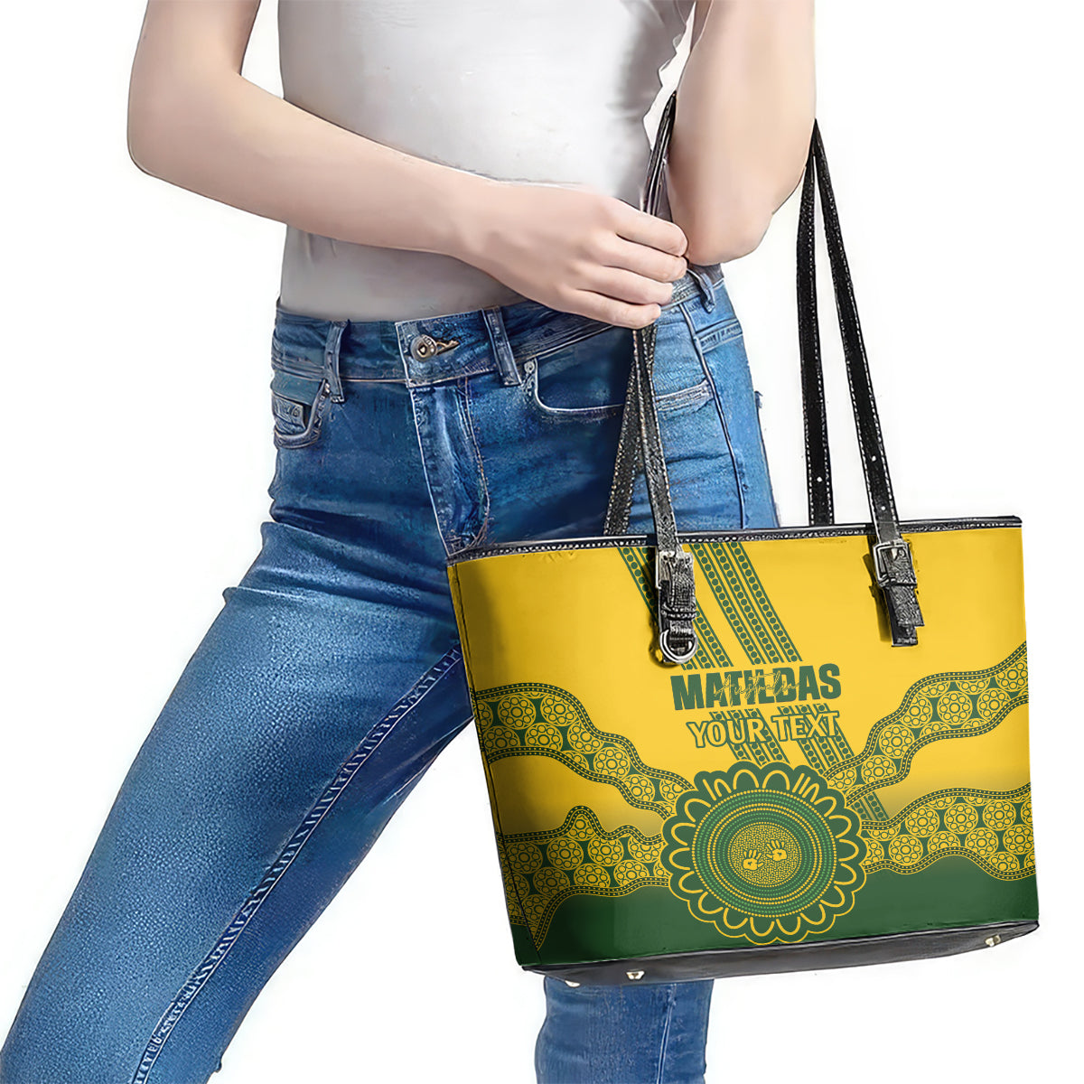 Custom Australia Matildas Leather Tote Bag Aussie Aboriginal Gold Version