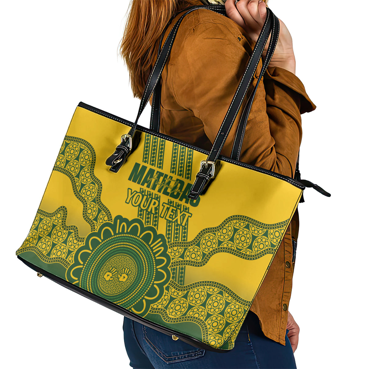 Custom Australia Matildas Leather Tote Bag Aussie Aboriginal Gold Version