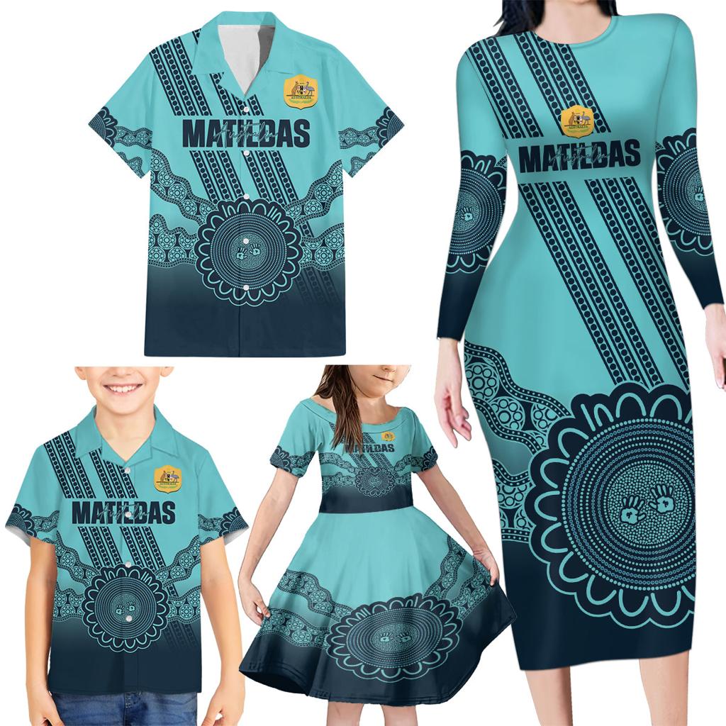 Custom Australia Matildas Family Matching Long Sleeve Bodycon Dress and Hawaiian Shirt Aussie Aboriginal Turquoise Version