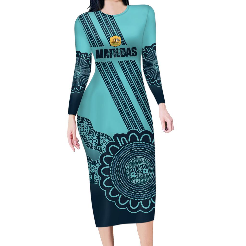 Custom Australia Matildas Family Matching Long Sleeve Bodycon Dress and Hawaiian Shirt Aussie Aboriginal Turquoise Version