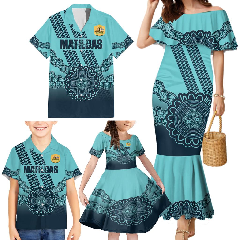 Custom Australia Matildas Family Matching Mermaid Dress and Hawaiian Shirt Aussie Aboriginal Turquoise Version